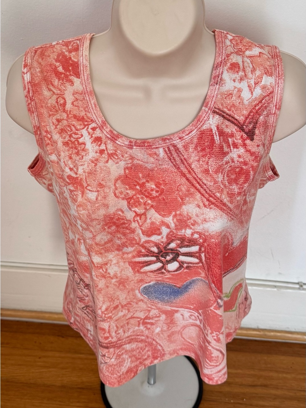 Chico’s Sleeveless Coral Pink heart Print Tank Top, size S 100% cotton beach